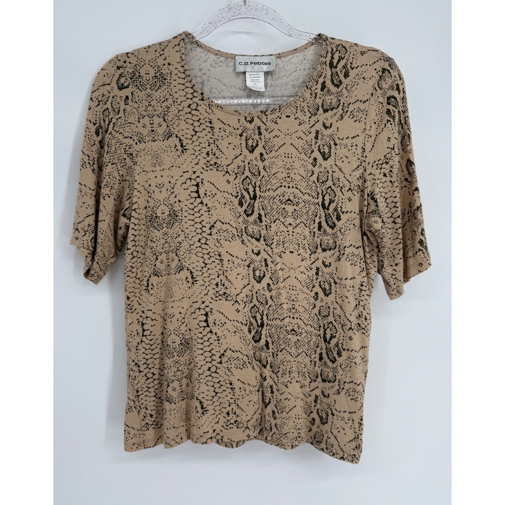 C.D. Petites Womens Tan Black Snakeskin Print Short Sleeve Scoop Neck Top PS